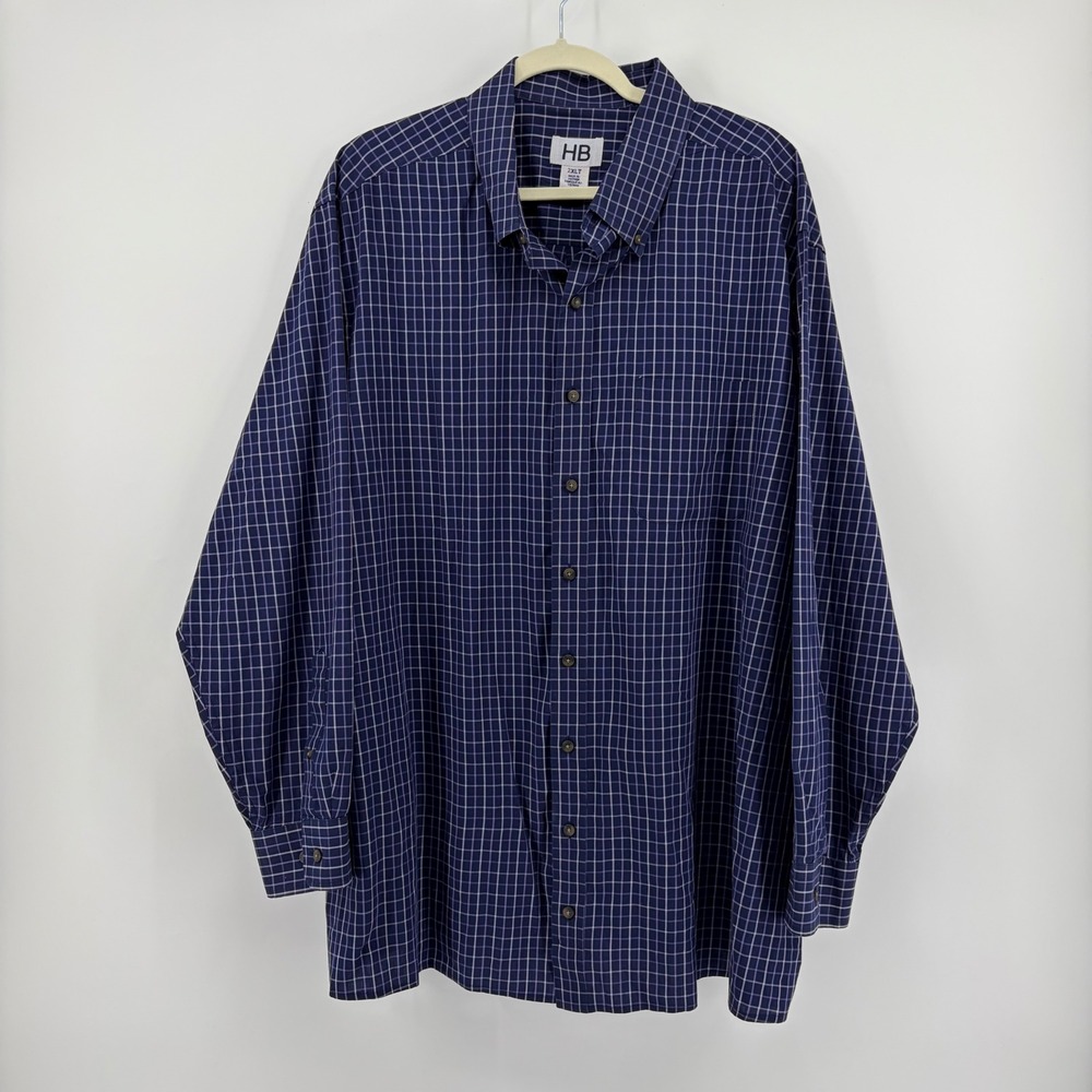 HB Harbor Bay Mens 2XLT Blue Plaid Checkered Button Down Shirt Long Sleeve